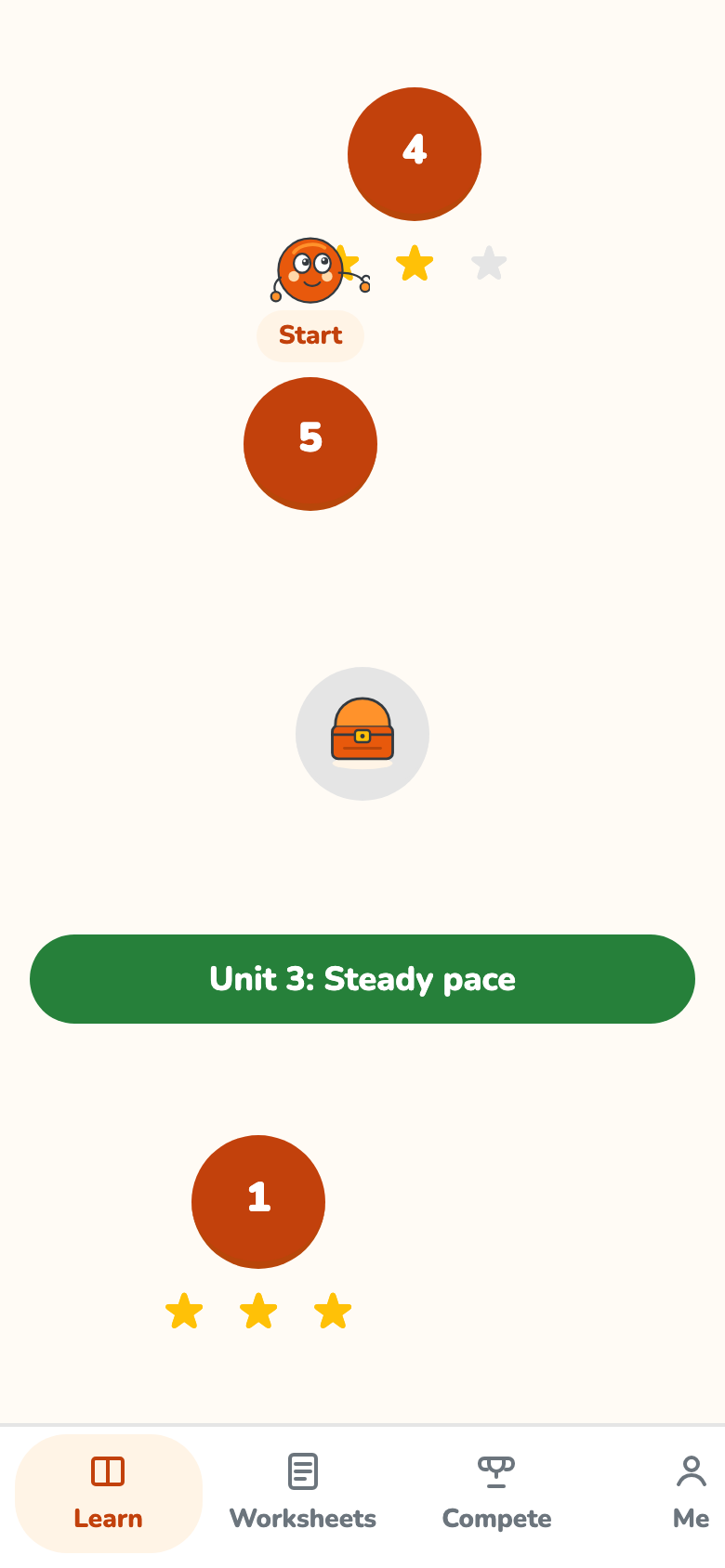 Student learning path with zig-zag lesson nodes and stars