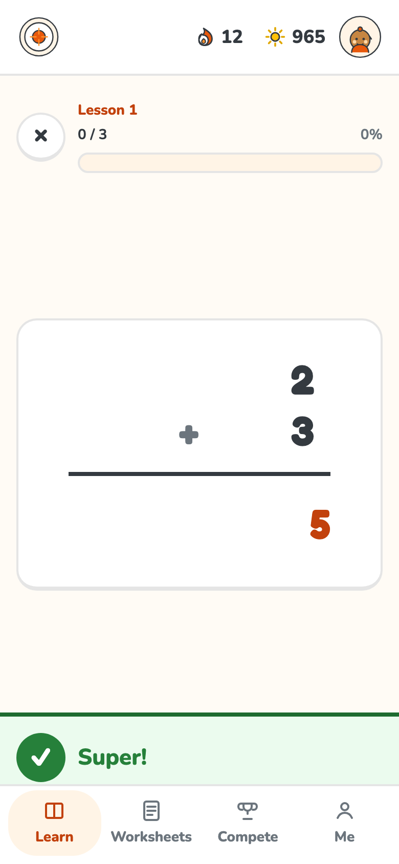 Lesson with a correct-answer banner