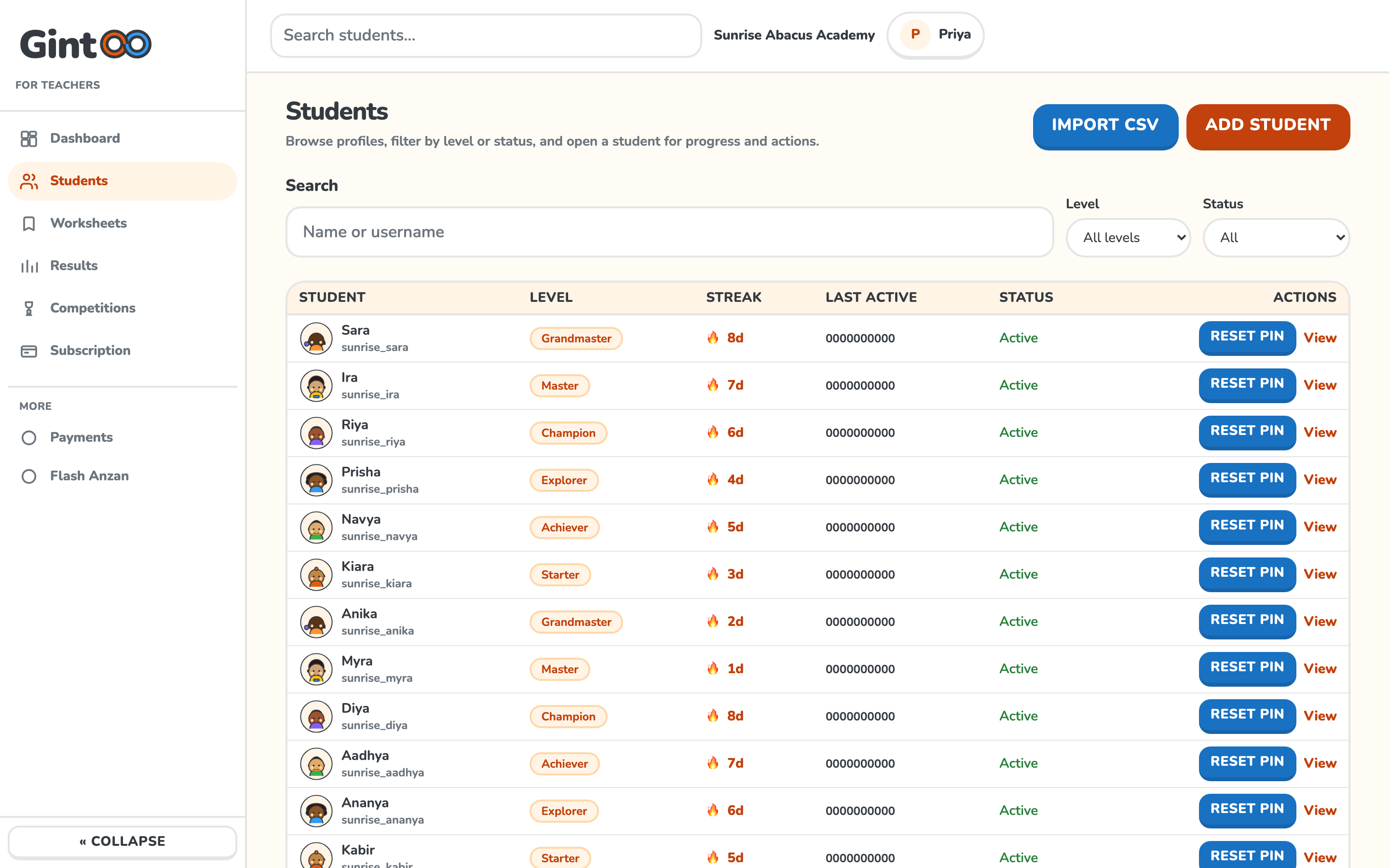 Student list in Gintoo for Teachers