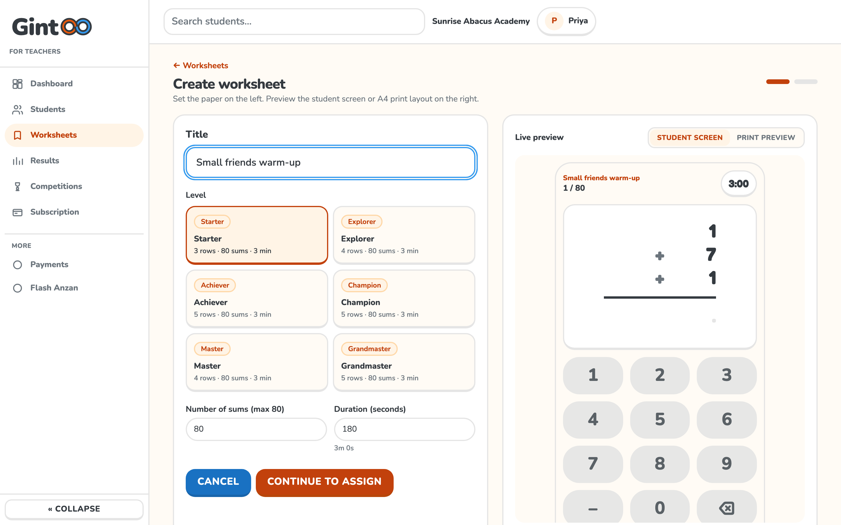 Worksheet builder with paper preview